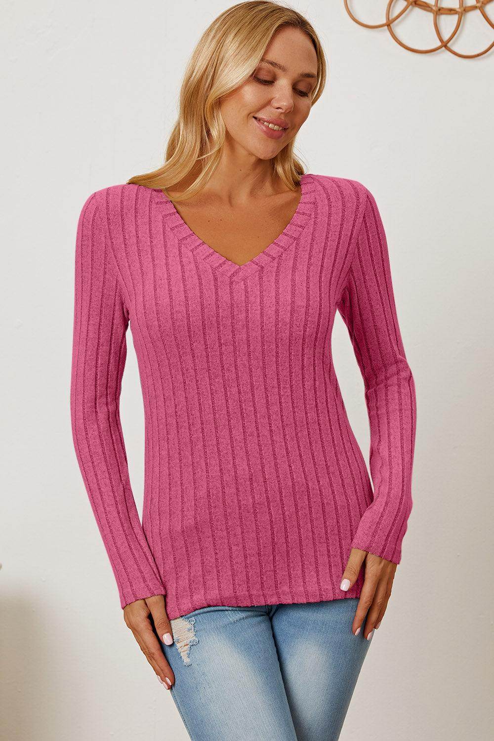 Basic Bae Full Size Ribbed V-Neck Long Sleeve T-Shirt