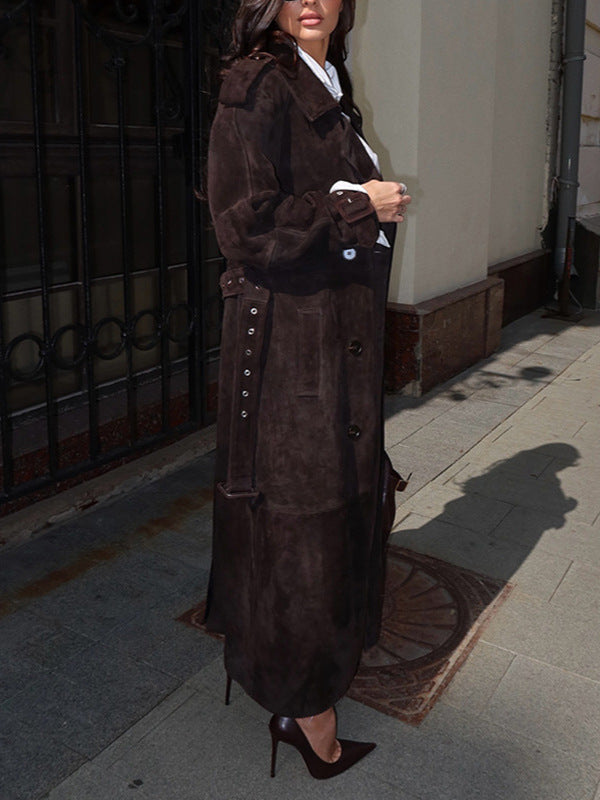 Double-Breasted Suede Long Trench Coat With Belt