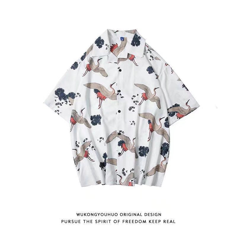 Men's Short-sleeve Shirt Summer Chinese-style Trendy Crane-printed Oversized Beach Shirt For Couples