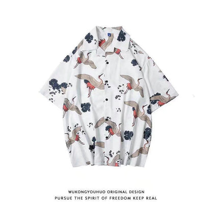 Men's Short-sleeve Shirt Summer Chinese-style Trendy Crane-printed Oversized Beach Shirt For Couples