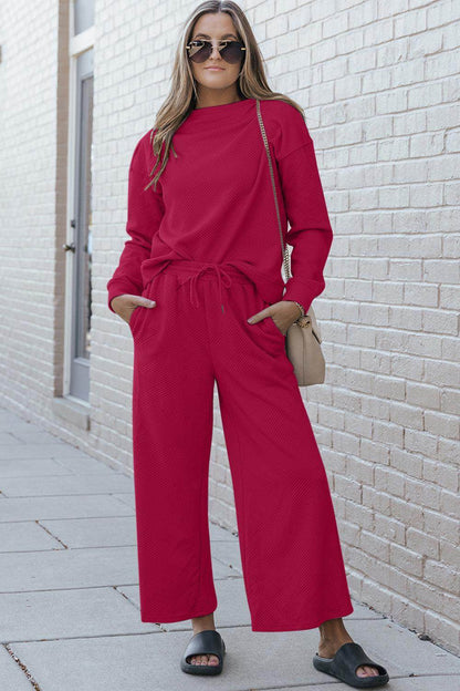 Double Take Full Size Textured Long Sleeve Top and Drawstring Pants Set for Women