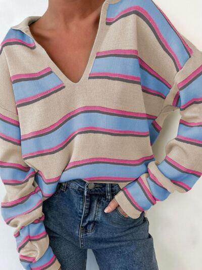 Johnny Collar Long Sleeve Stripe Sweater for Women