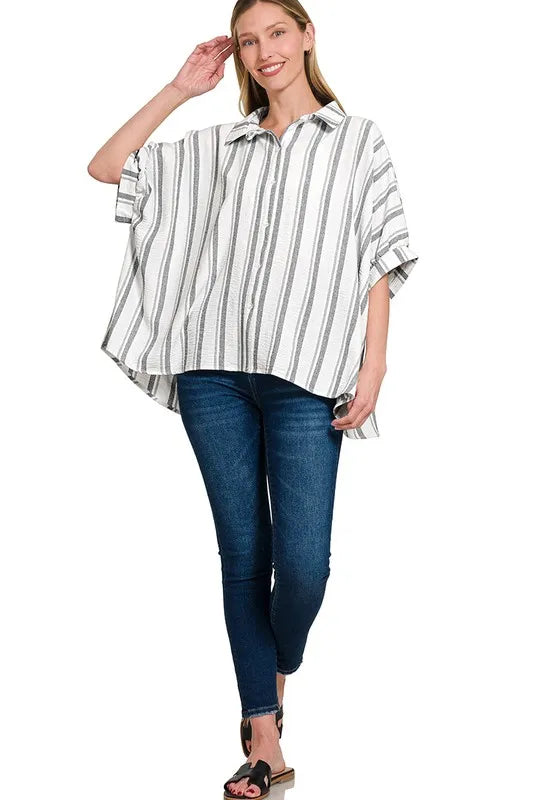 Zenana Woven Yarn-Dye Stripe Oversized Button Down Shirt