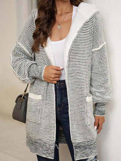 Open Front Hooded Winter Coat with Pockets for Women