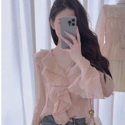 Gentle And Sweet Ruffled-edge Blouse For Women