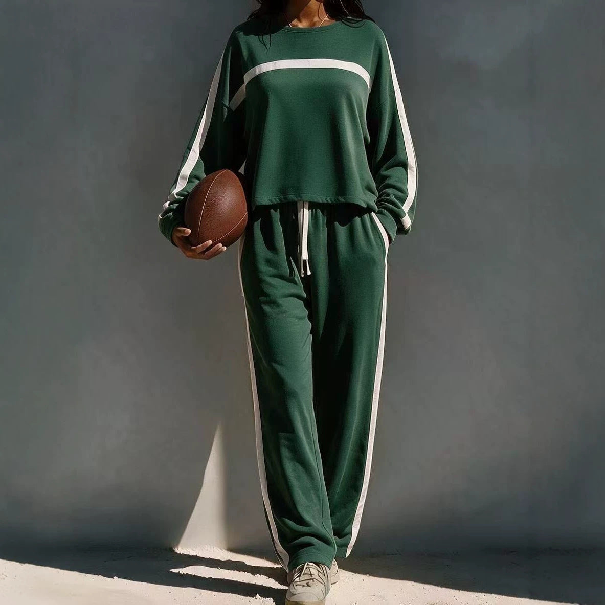Striped Color-Block Casual Sporty Crew-Neck Sweatsuit Two-Piece Set