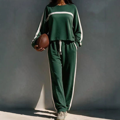 Striped Color-Block Casual Sporty Crew-Neck Sweatsuit Two-Piece Set