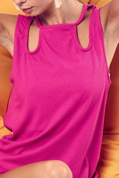 BiBi Rib Knit Shoulder Cut Out Detaied Top
