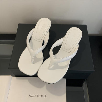Square-toe Wedge Thong Sandals With High Heels
