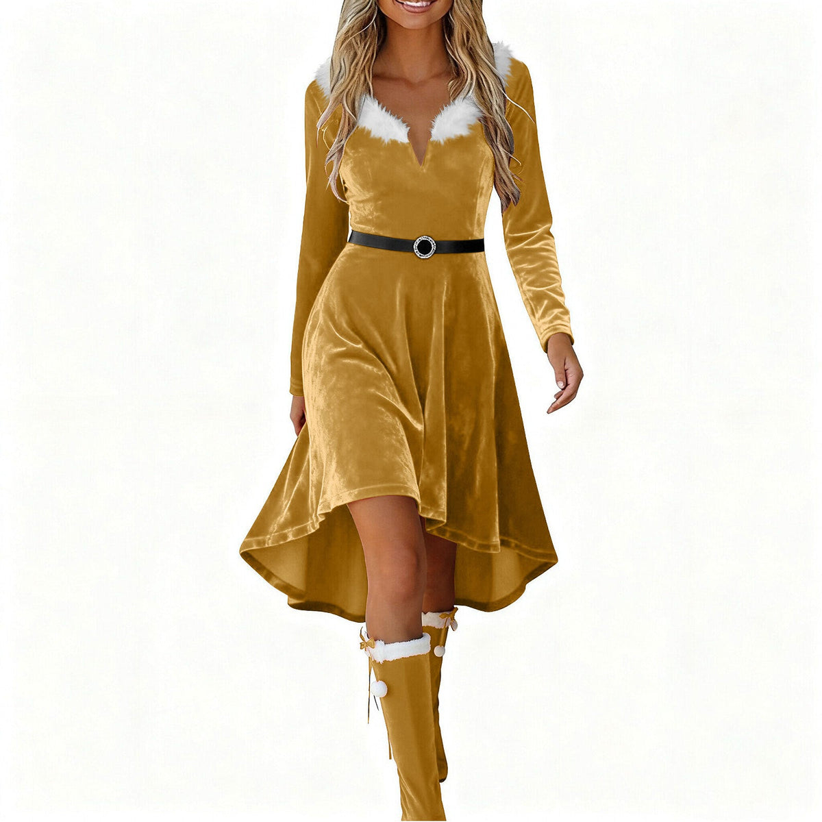Christmas Womens Fur-Patchwork V-Neck Long-Sleeve Dress