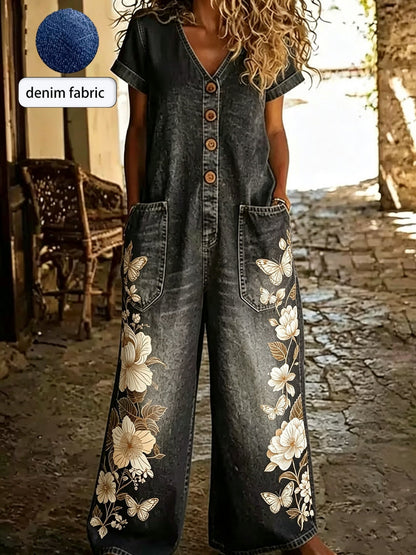 Buttoned Pockets Comfortable Short Sleeves Casual One-piece Wide-leg Jumpsuit