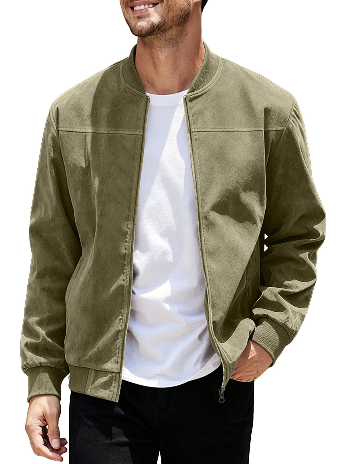 Cross-Border European And American  Men's Suede Zipper Jacket With Solid Color Patchwork Design, Simple Solid Color Outerwear
