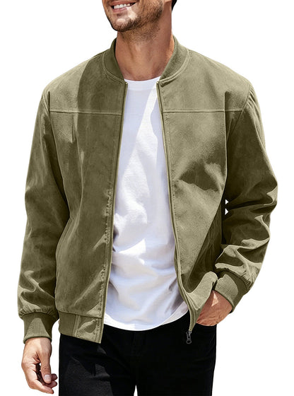 Cross-Border European And American  Men's Suede Zipper Jacket With Solid Color Patchwork Design, Simple Solid Color Outerwear