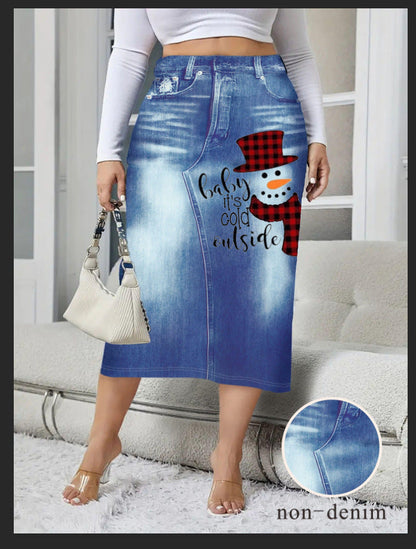 Denim-look Floral-print Bodycon Skirt