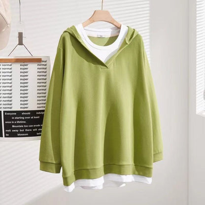 V-neck Faux Two-piece Mid-length Hooded Sweatshirt With Tummy-covering Design