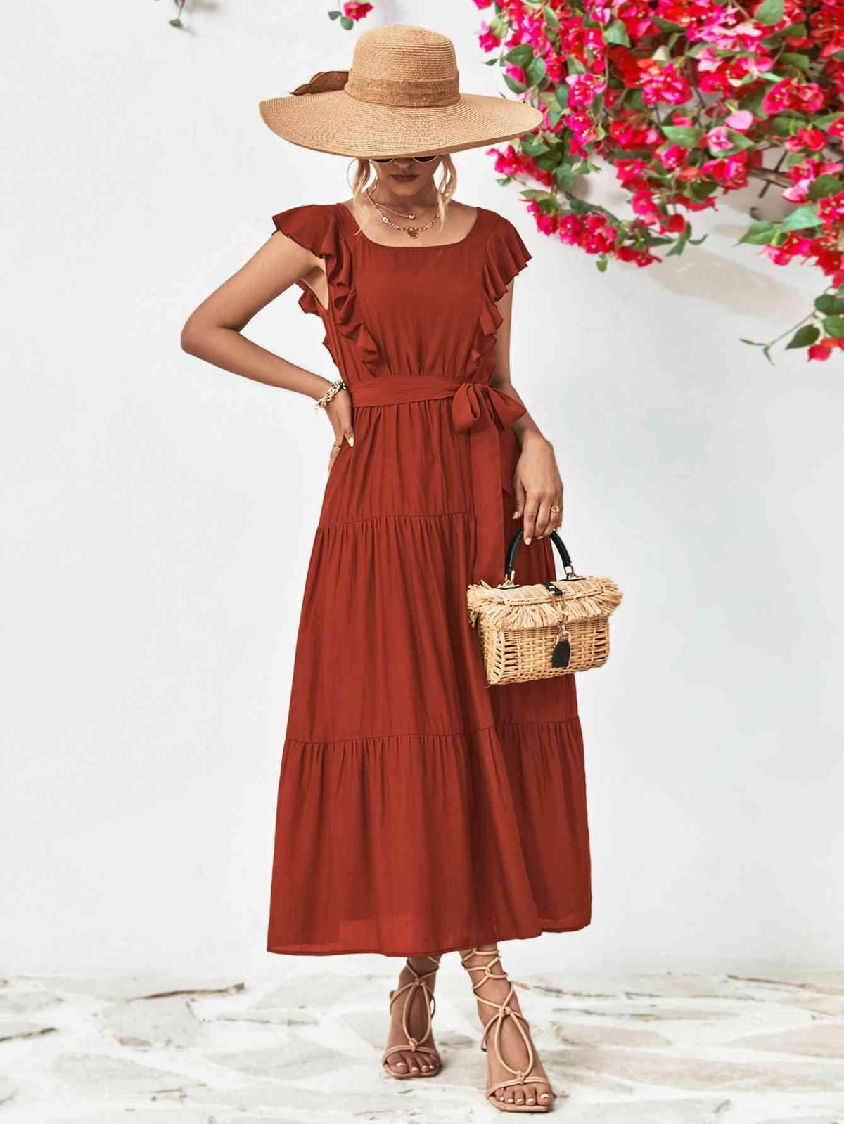 Tie Belt Ruffled Tiered Dress for Chic Midi Style