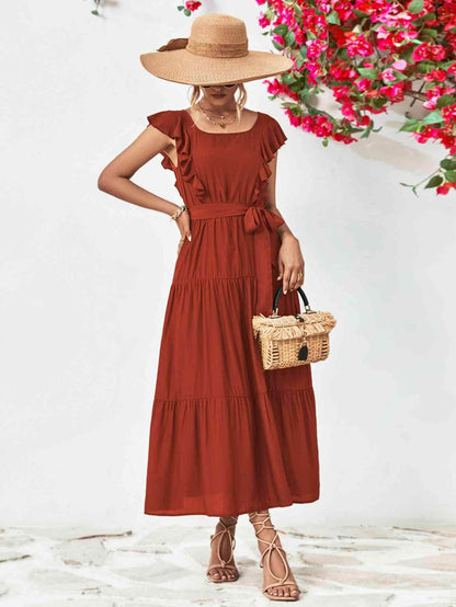 Tie Belt Ruffled Tiered Dress for Chic Midi Style