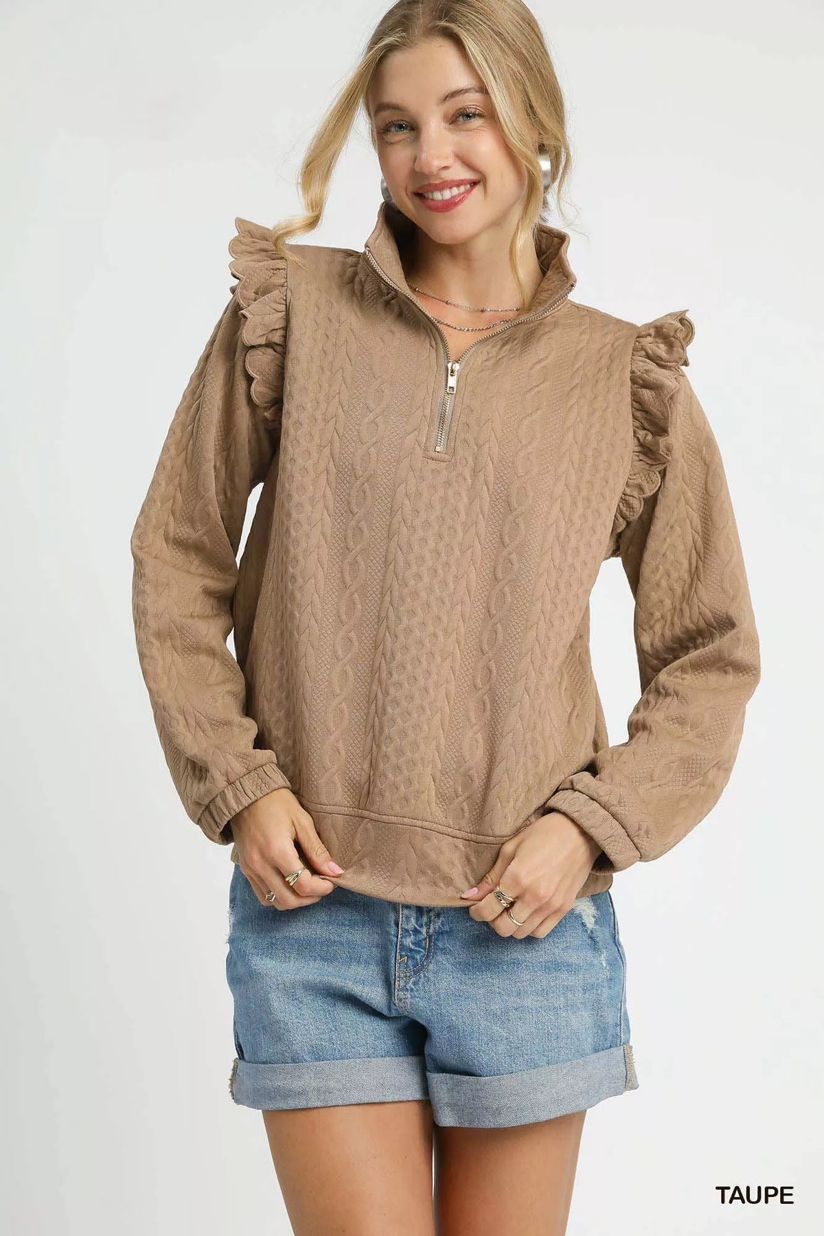 Umgee Cable Knit Textured Pullover with Ruffle Shoulders