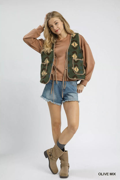 Umgee Mix Patterned Sherpa Tie-Front Vest