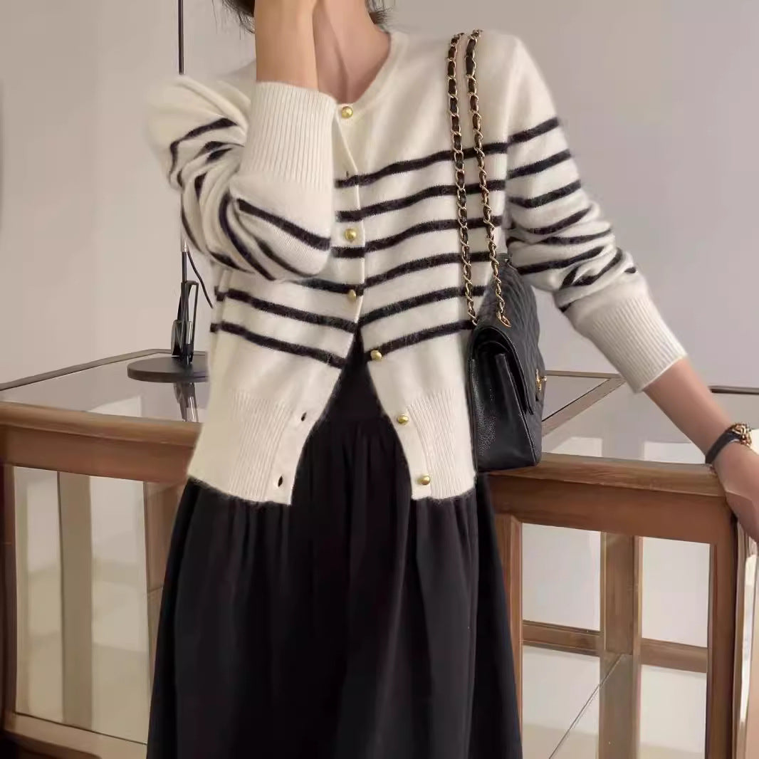 Round-neck Gold-button Wool Knit Cardigan Sweater