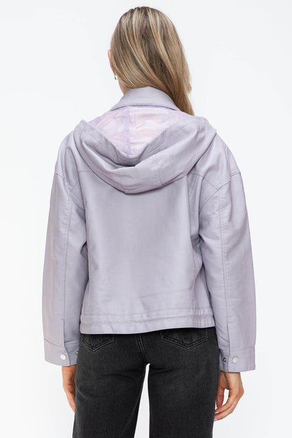How Dare U Drawstring Hem PU Leather Zip Up Jacket Women