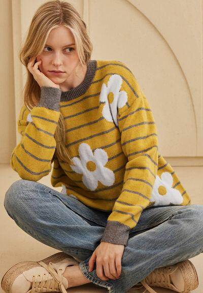 Flower Stripe Round Neck Long Sleeve Sweater for Women