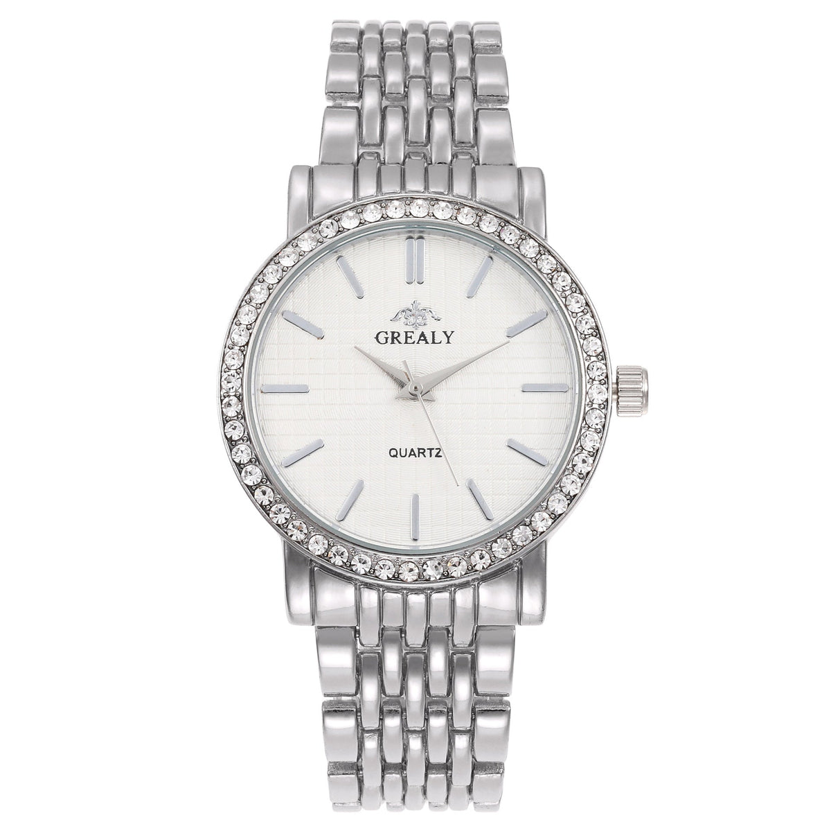 Simple Casual Quartz Watch with Steel Strap and Diamond Detailing