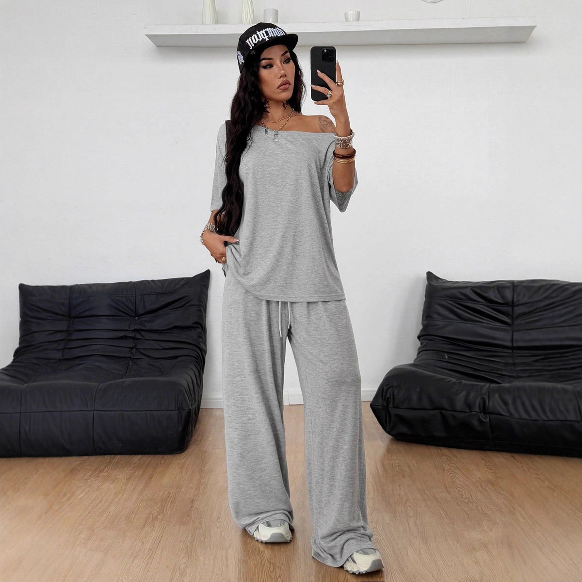 SpringSummer Women's Casual Solid-Color Sports Two-Piece Set