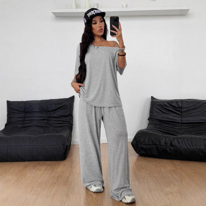 SpringSummer Women's Casual Solid-Color Sports Two-Piece Set