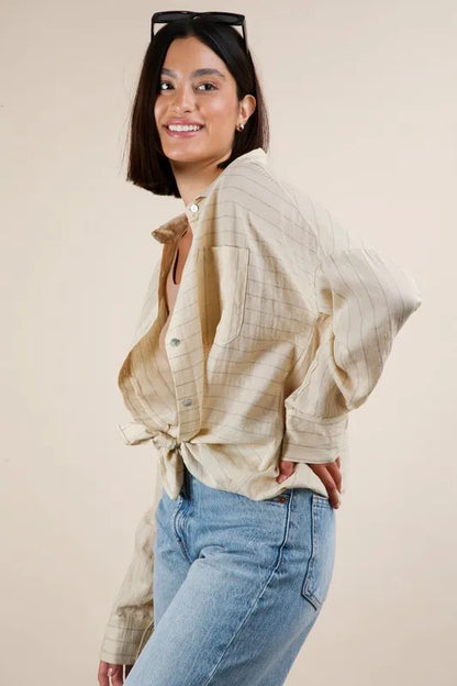 VERY J Full Size Oversized Striped Button Down Shirt Top Plus Size