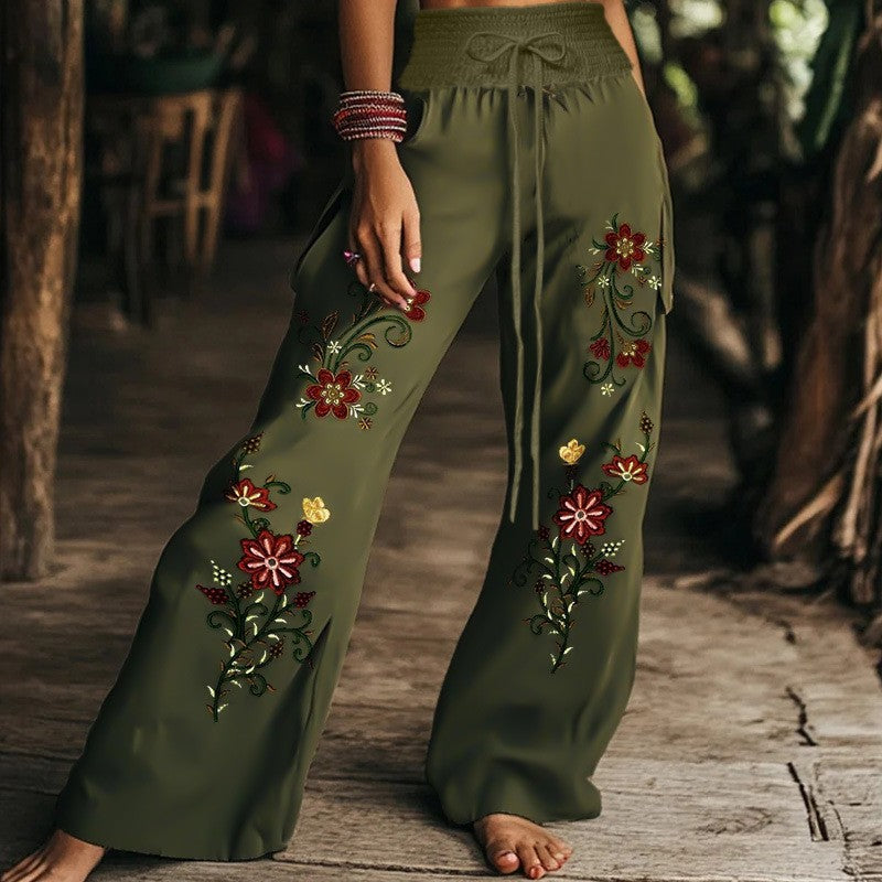 2026 European American Boho  Wide Leg Pants Women Elastic Drawstring High Waist Casual Trousers With Pockets