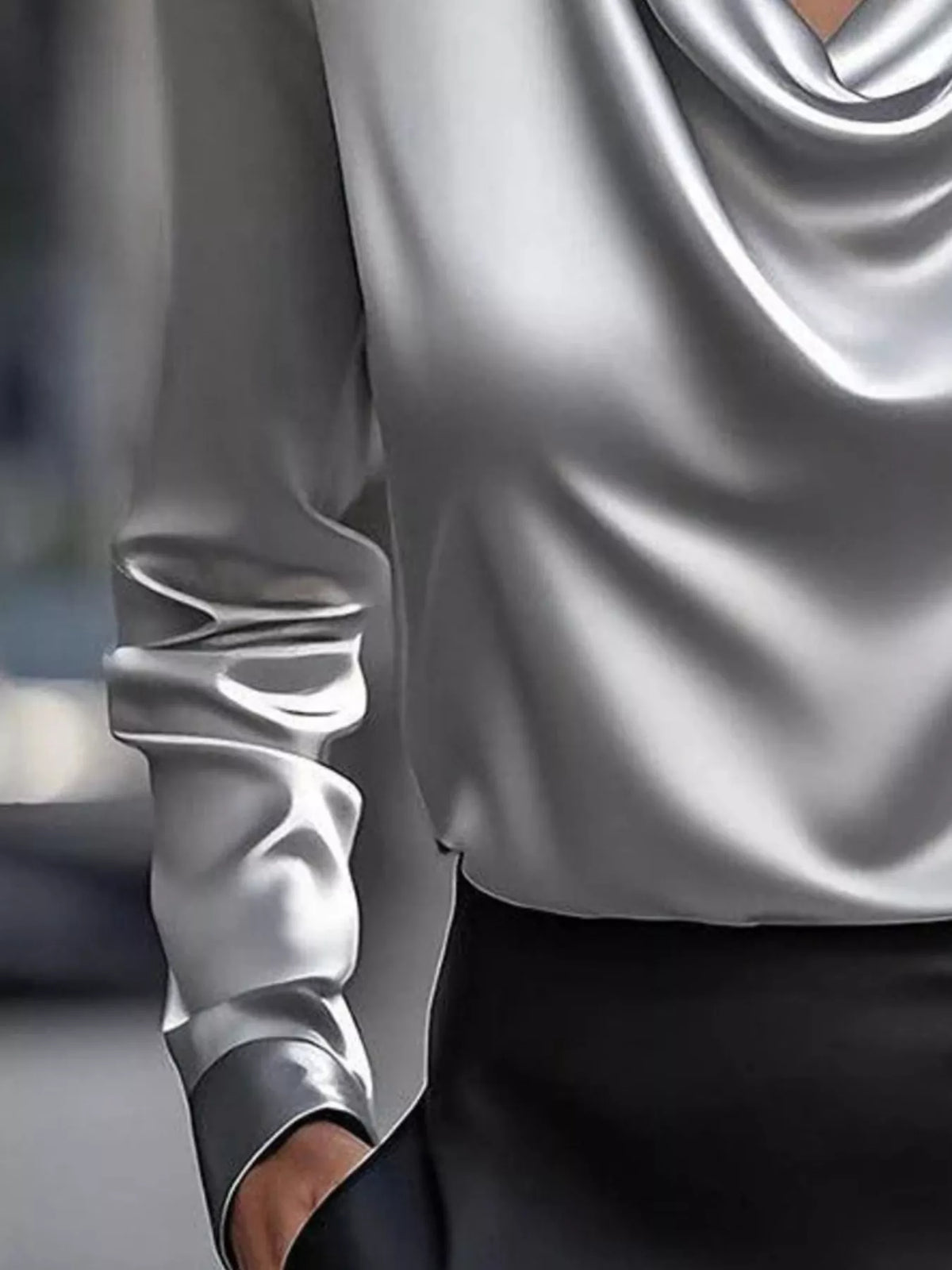 Full Size Satin Cowl Neck Long Sleeve Blouse Plus Size