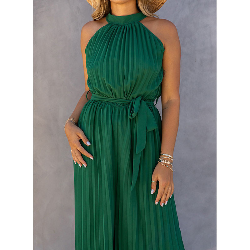 Off-shoulder Halterneck Pleated Jumpsuit