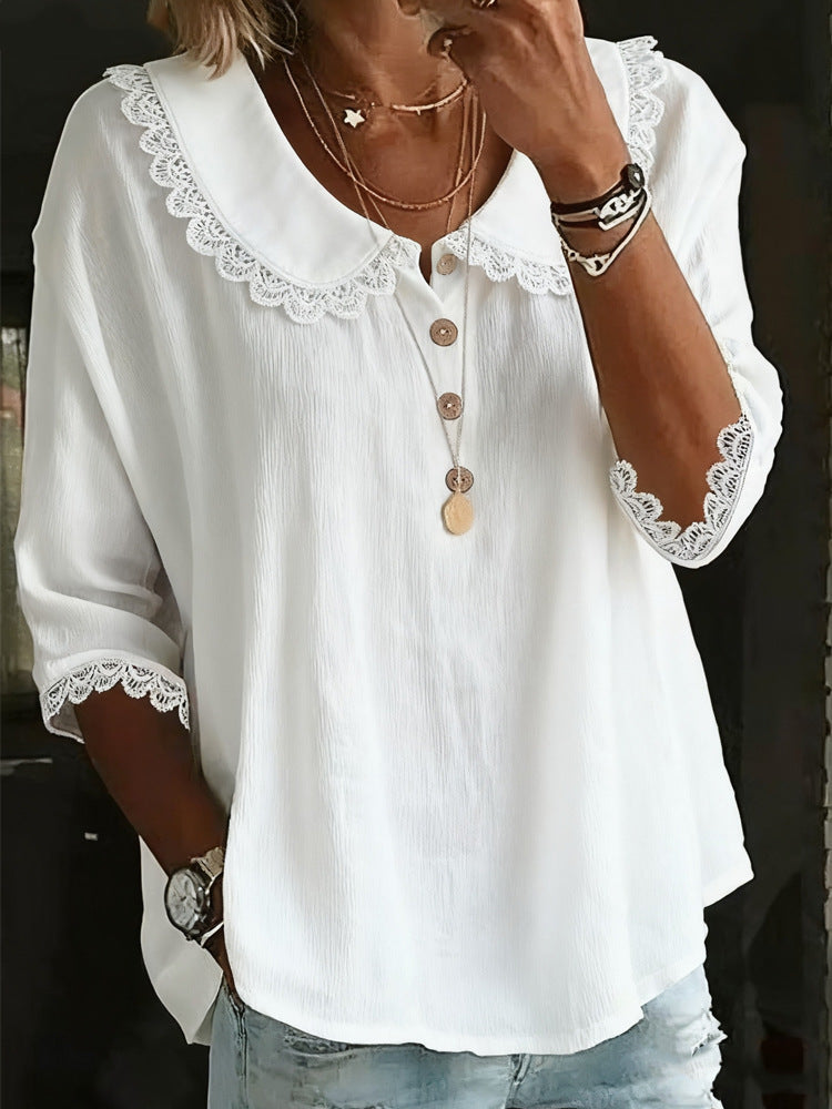 Fashionable Collar With Lace Trim Blouse Tops For Women Spring Summer Solid-Color Button-Up Shirt