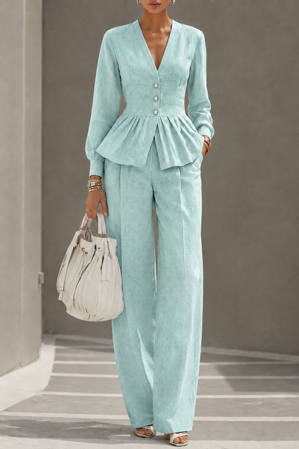 Long-sleeve V-neck Top And Wide-leg Pants Two-piece Set