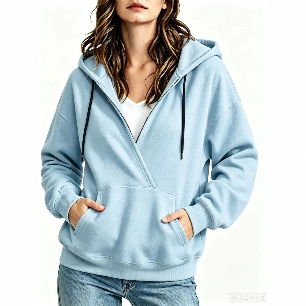 Womens Half-Zip Fake Two-Piece Hoodie