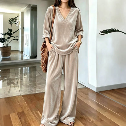 Women's Solid Color V-Neck Top And Wide-Leg Pants Set