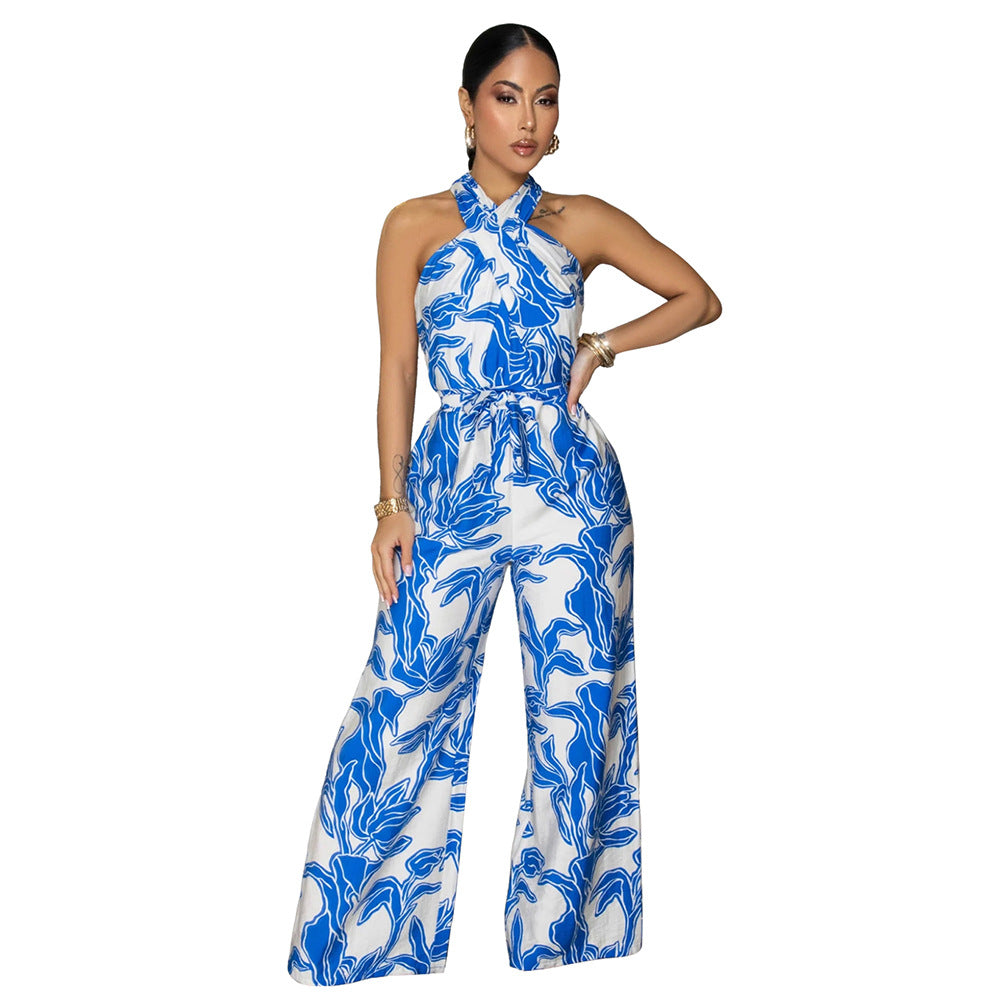 Womens Sexy Halter-neck Sleeveless Printed Jumpsuit