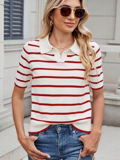 Striped Johnny Collar Short Sleeve Sweater for Women