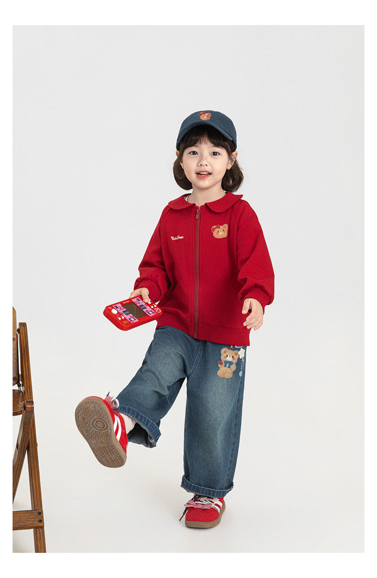 Cute Bear-Print Wide-Leg Stretch-Waist Casual Denim Pants For Kids