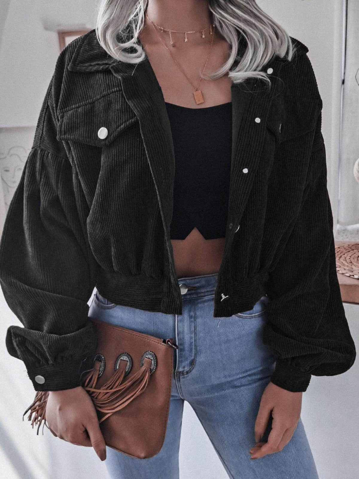 Lantern Sleeve Cropped Corduroy Jacket for Stylish Comfort