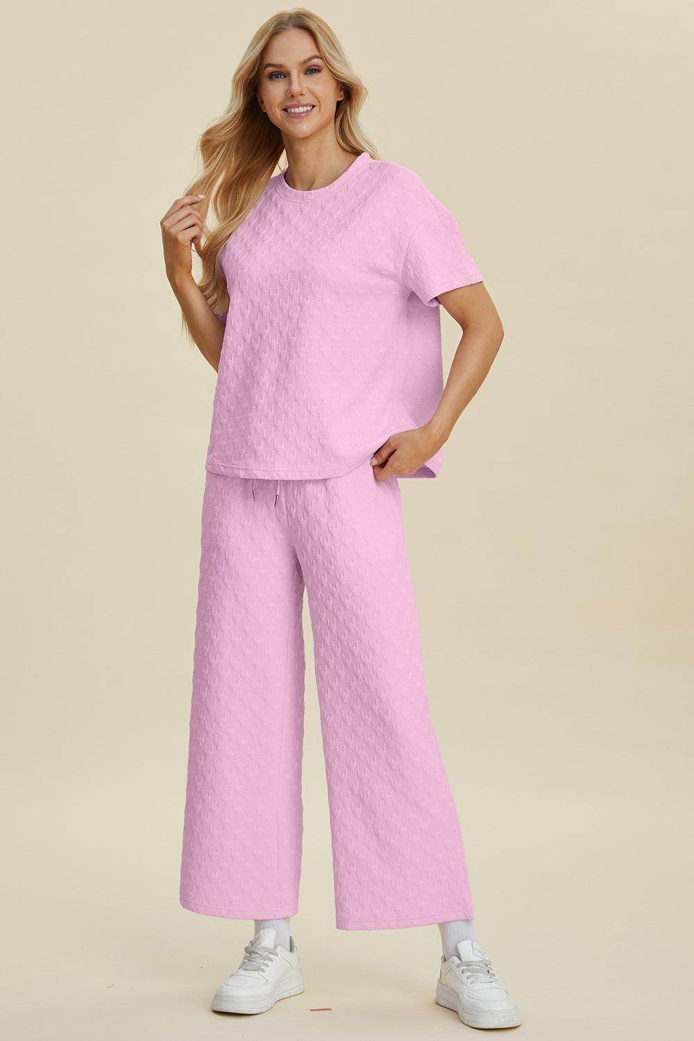 Double Take Full Size Texture Round Neck Top and Pants Set