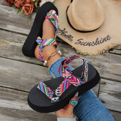 Plus-size Thick-soled Color-block Beach Sandals With Velcro Straps