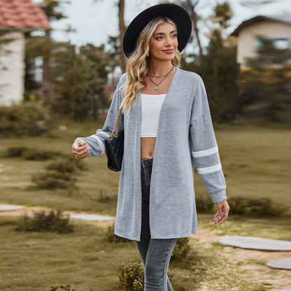 Women's Long-sleeved Stitching Contrast Color Knitted Cardigan