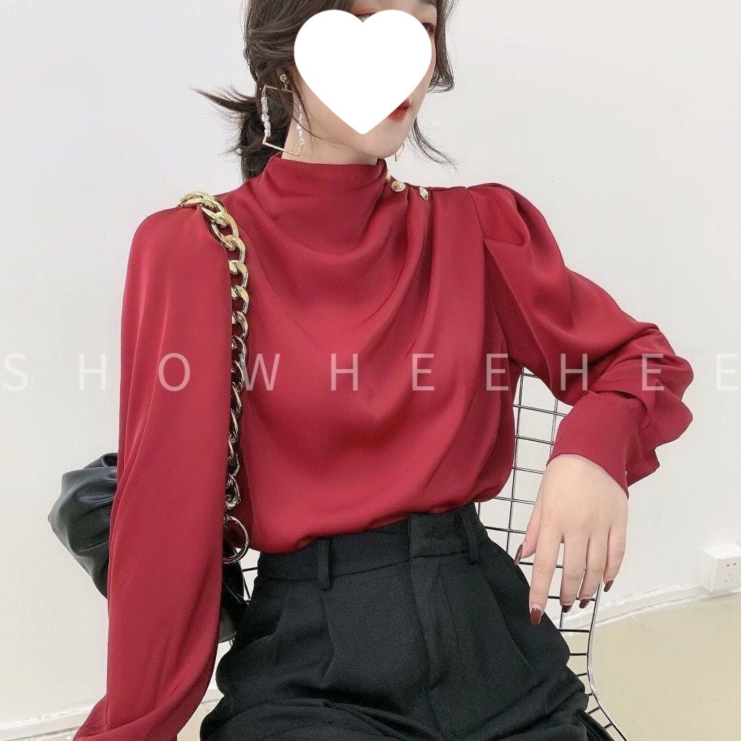 Shoulder-studded Beaded Pullover Long-sleeve Chiffon Blouse For Women