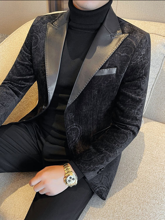 Jacquard Velvet Leather Lapel Men's Blazer