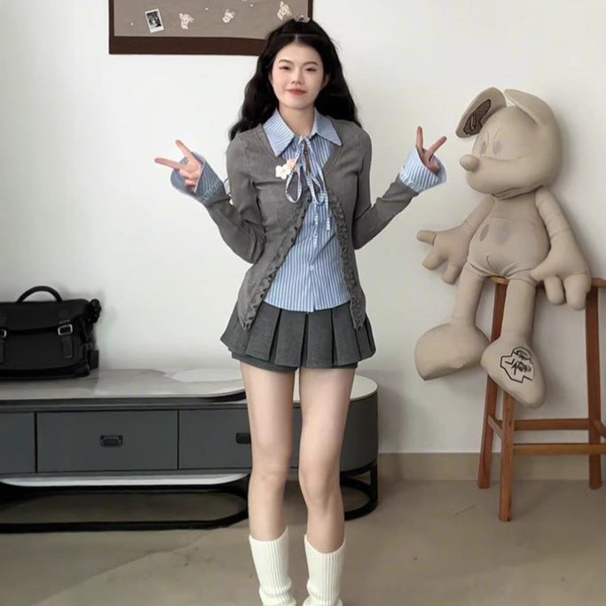College Style Fake Two-piece Knitted Sweaters Women
