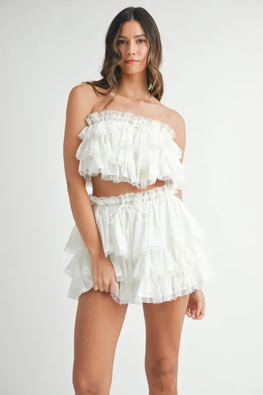 MABLE Ruffle Layered Crop Top and Mini Skirt Set
