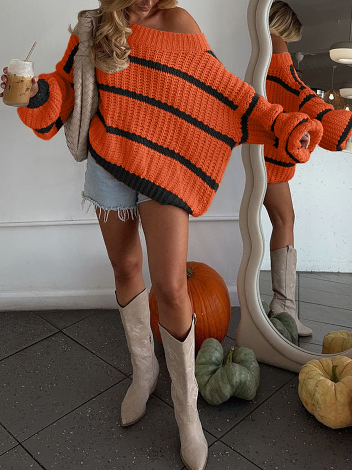 Off-shoulder Collar Color-block Striped Loose Casual Top For Halloween