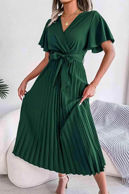 Pleated Flutter Sleeve Belted Dress for Casual Wear